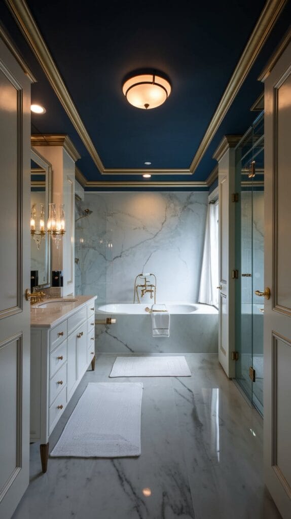  A bathroom with a dark blue ceiling, white marble walls, and gold accents.