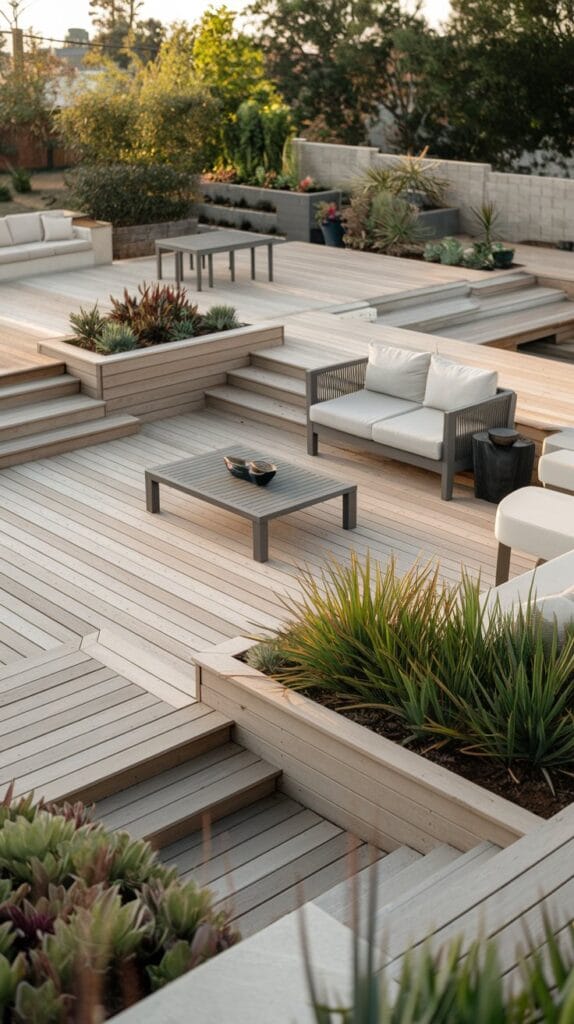 Multi-level deck with wooden flooring, lounging areas, and plants.