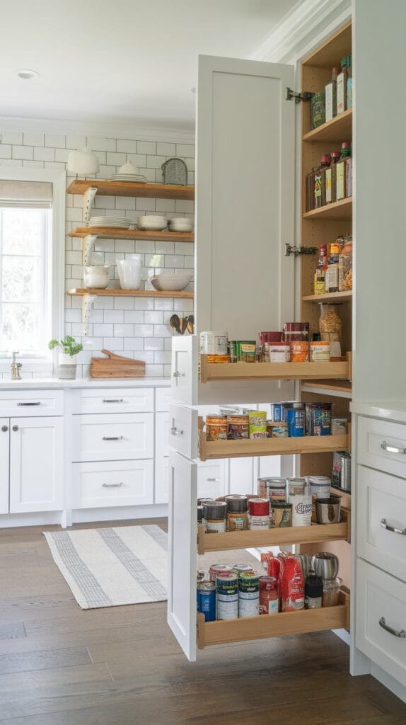 Organized pull-out pantry shelves storing kitchen essentials.