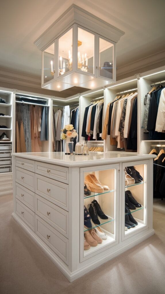 A luxurious walk-in closet with a stylish island for storage.