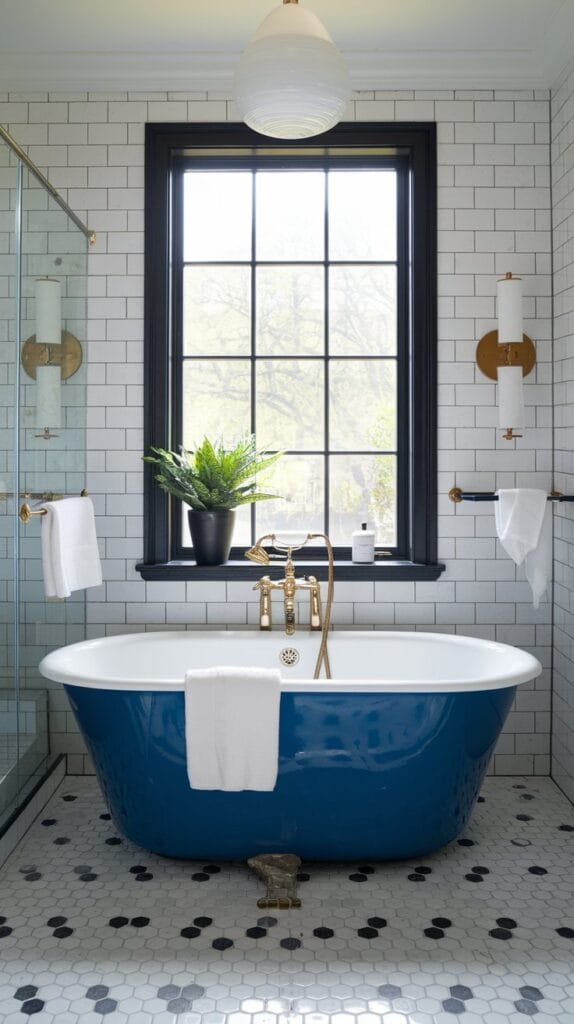 A cobalt blue freestanding bathtub in a modern bathroom with black and white tiles.