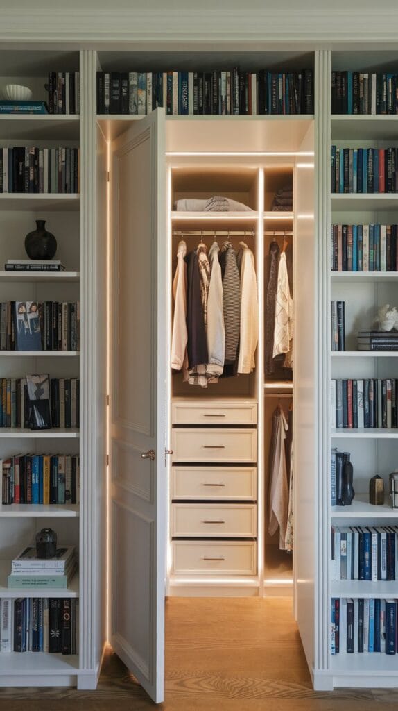 A hidden closet disguised as a bookshelf with secret storage.