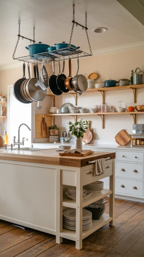 Kitchen with a hanging pot rack for organizing cookware.