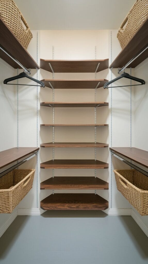 A compact corner closet with efficient storage solutions.