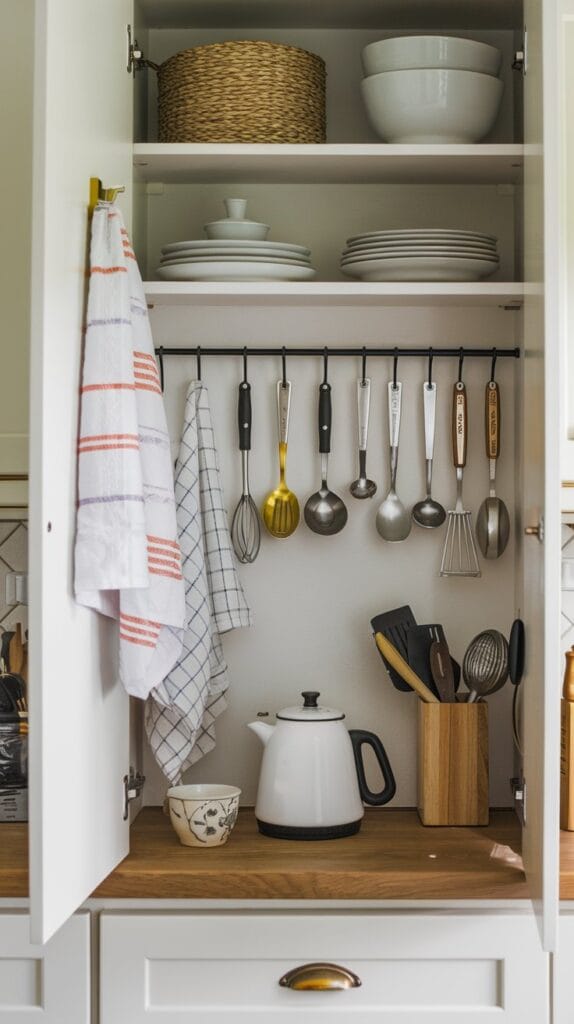 Kitchen cabinet doors with hooks for organizing utensils and towels.
