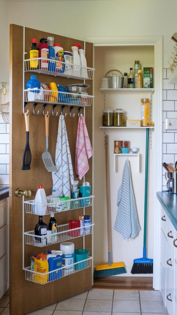 Kitchen with over-the-door storage racks for added organization.