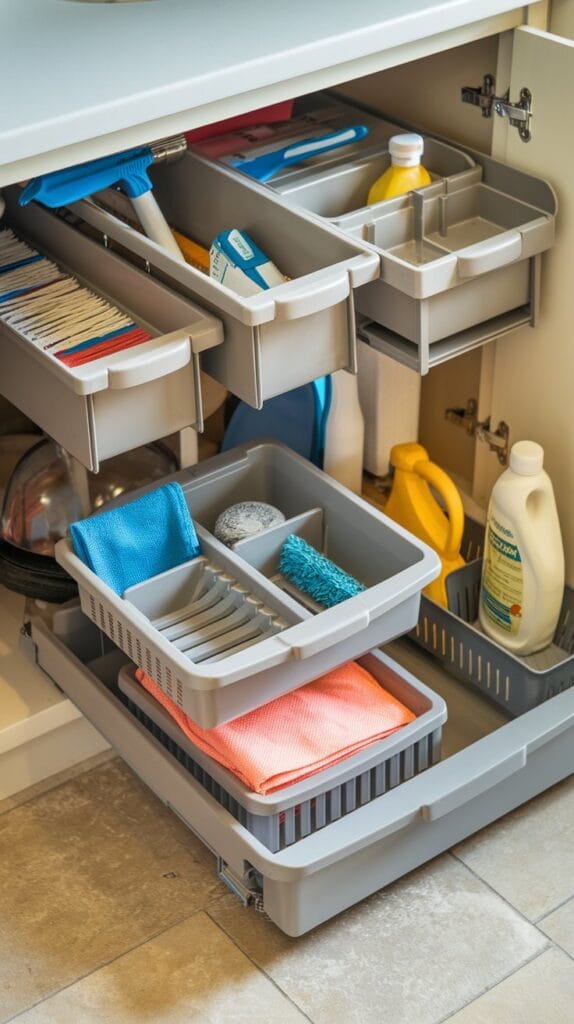 Under-sink kitchen storage solutions for cleaning supplies.