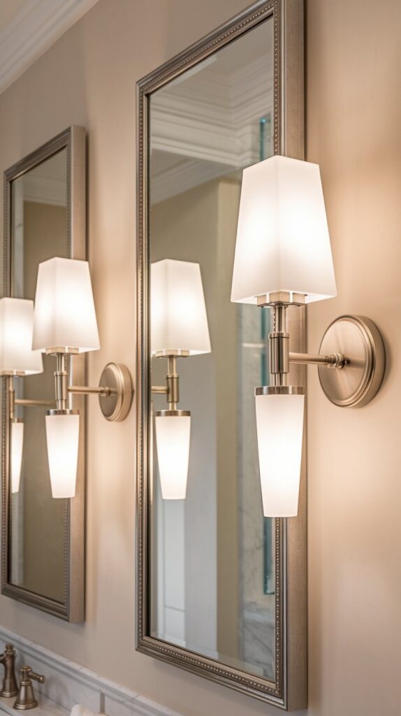 Bathroom mirror flanked by matching wall sconces providing flattering facial lighting