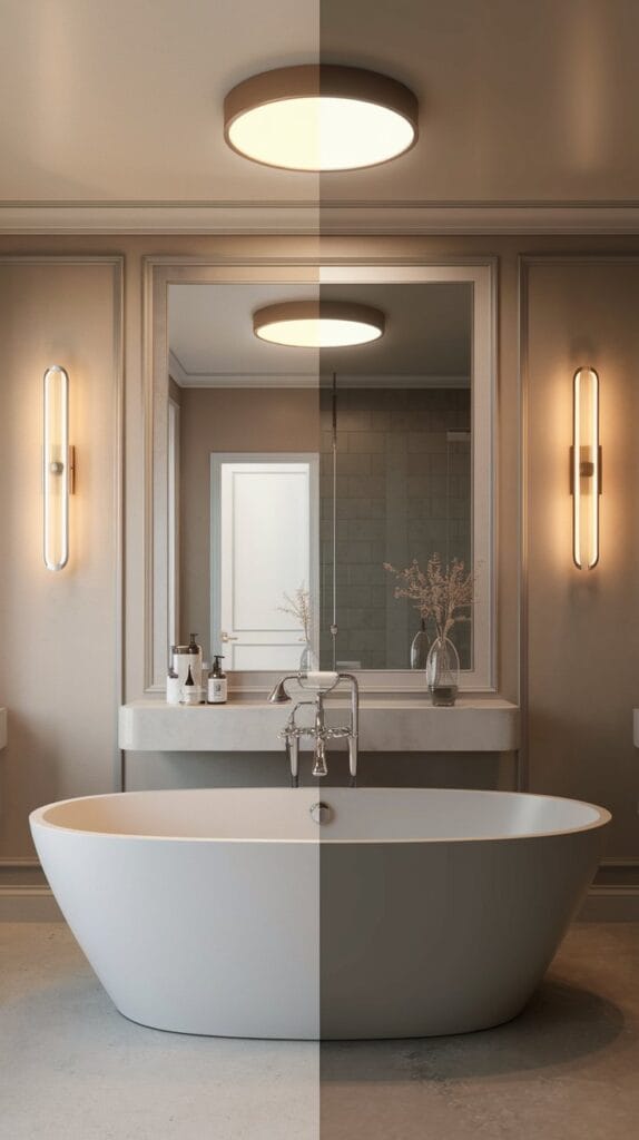 Split view of bathroom showing same space with bright versus dimmed lighting options