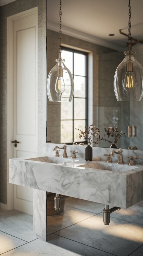 Glass pendant lights hanging above marble bathroom double sink with brass fixtures