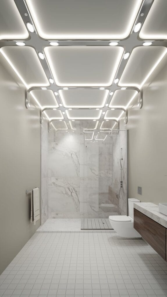 Modern bathroom with recessed ceiling lights providing even illumination throughout